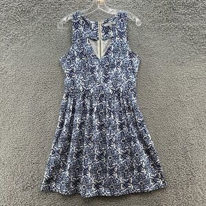 Milly Design Nation Dress Womens 10 Blue White Print Retro Fit Flare V Neck